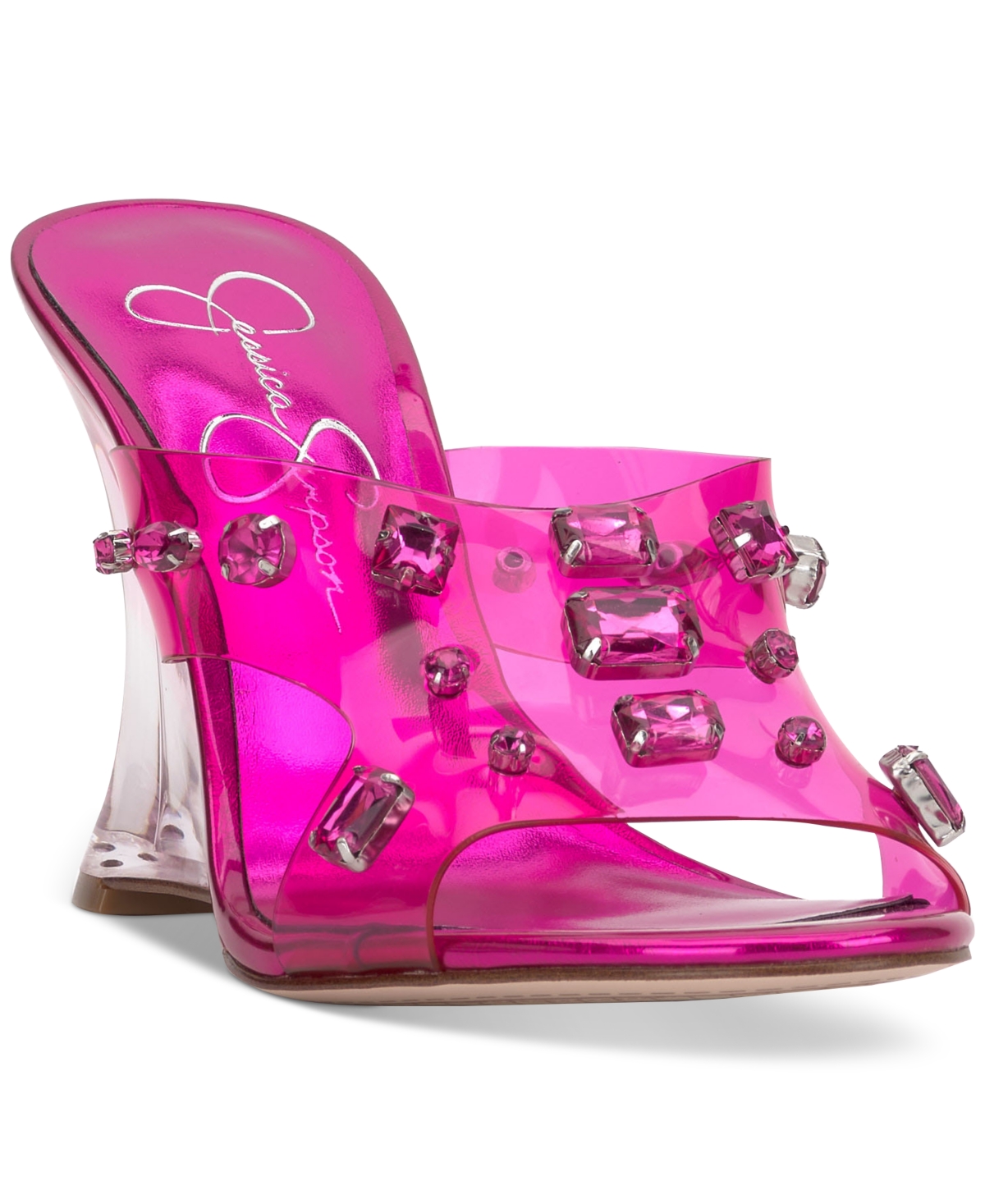 Shop Jessica Simpson Ganisa Crystal Embellished Vinyl Wedge Sandals In Bright Pink