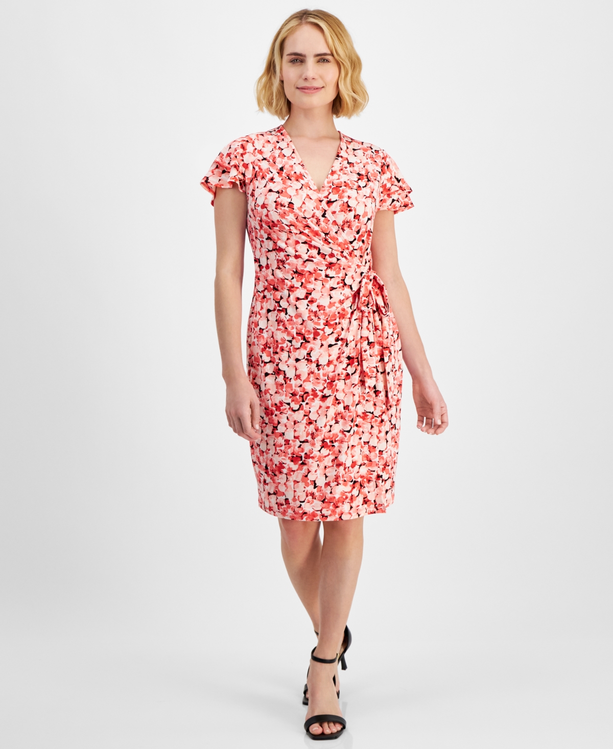 Petite Printed Flutter-Sleeve Faux-Wrap Dress - Red Pear Multi