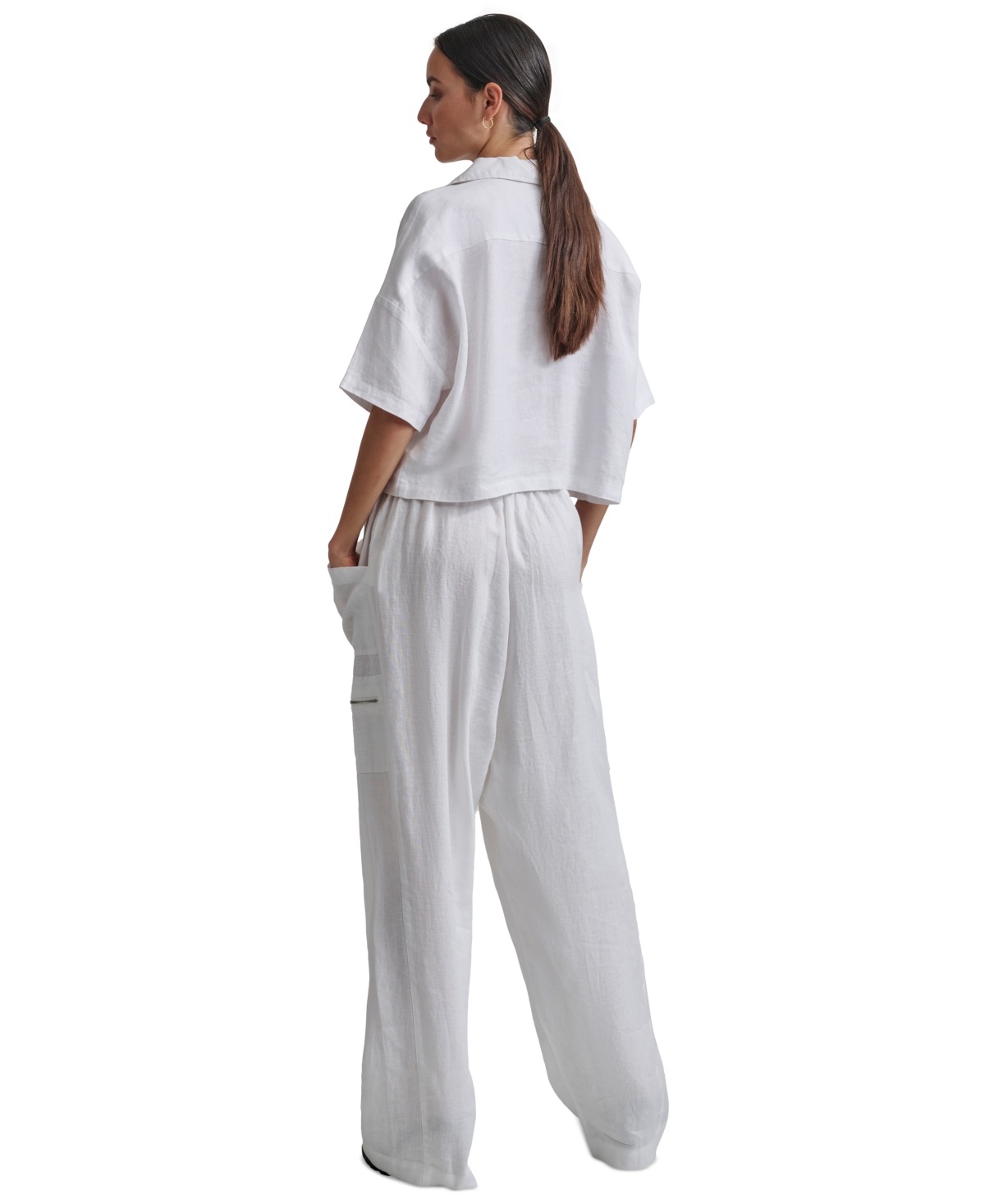 Shop Dkny Women's Pull-on Mid-rise Linen Cargo Pants In White