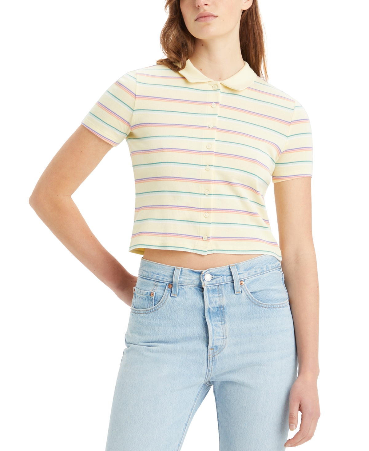 Women's Suki Cotton Stripe-Print Button-Front Polo Shirt - Yellow Stripe