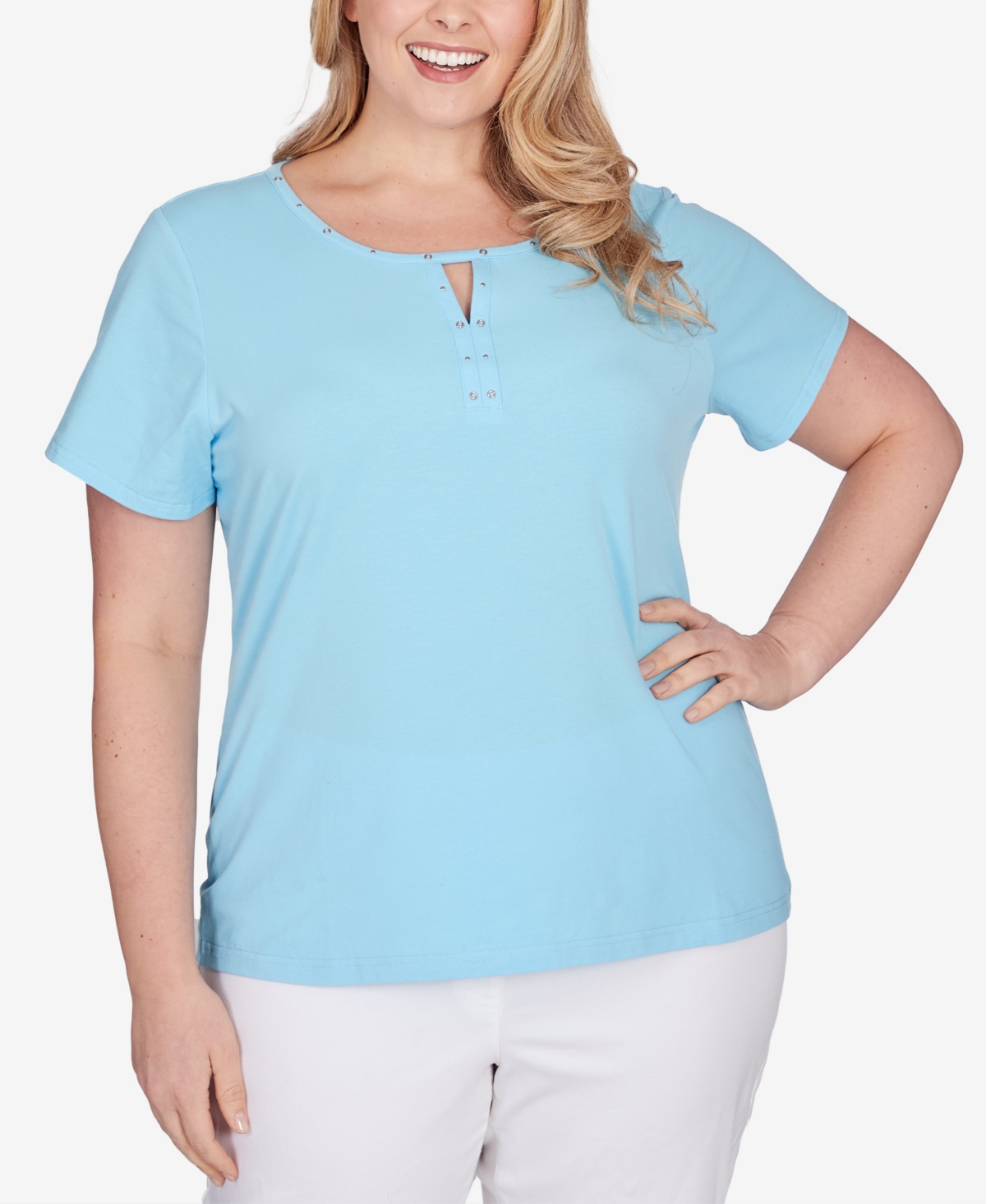 Hearts Of Palm Plus Size Feeling The Lime Short Sleeve Top In Medium Blue