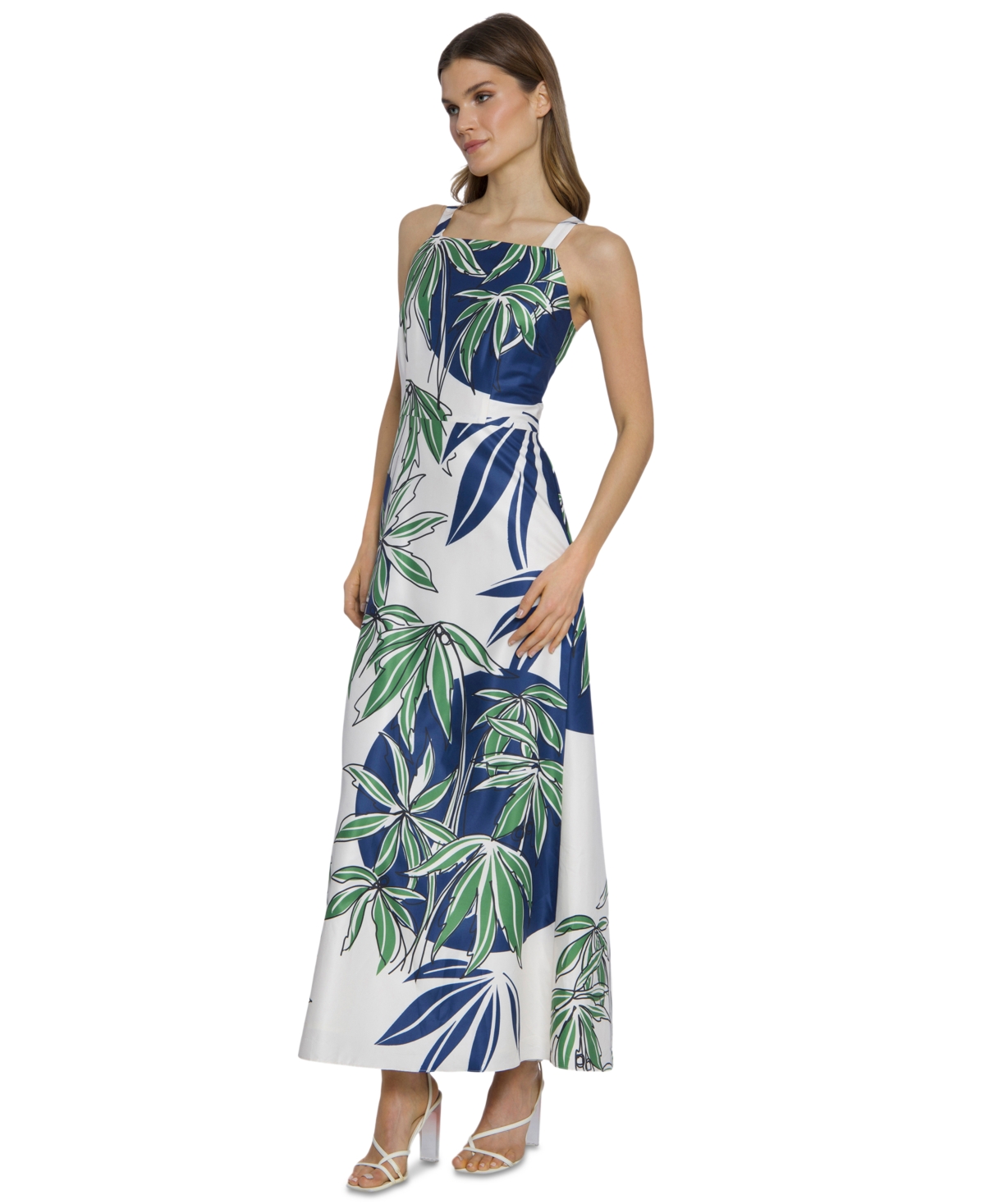 Shop Maggy London Women's Palm-print Square-neck Maxi Dress In Cream,navy