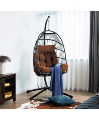 Patio Hanging Egg Chair with Stand Waterproof Cover and Folding Basket