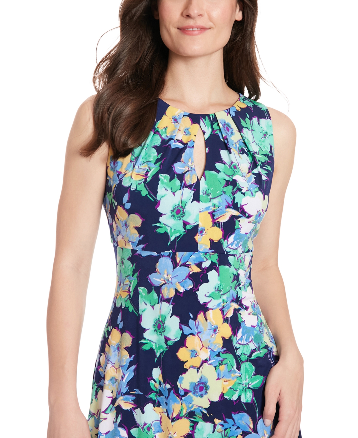 Shop London Times Women's Floral-print Keyhole Fit & Flare Dress In Navy,teal