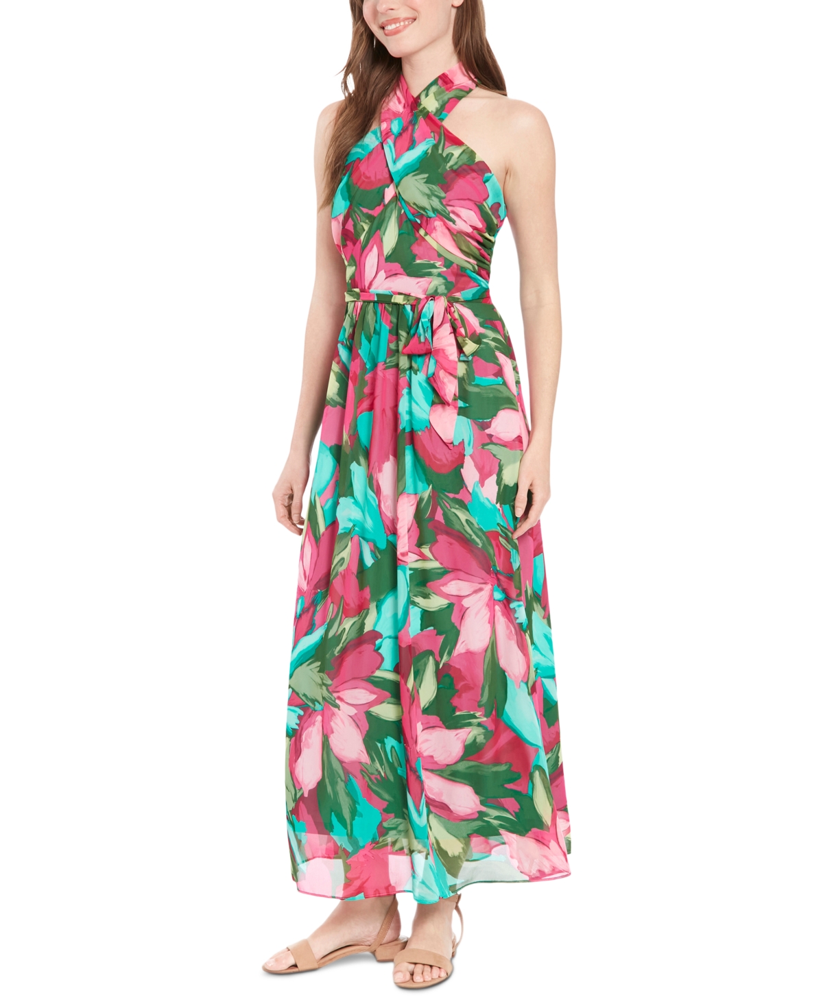 Shop London Times Women's Floral-print Wrap-neck Tie-front Halter Maxi Dress In Green,pink