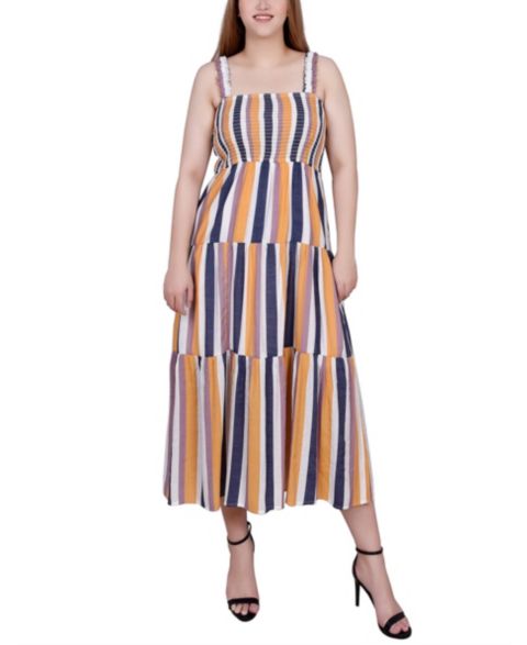 Женское платье NY Collection Petite Smocked-Bodice Tiered Midi, цвет: Синий
