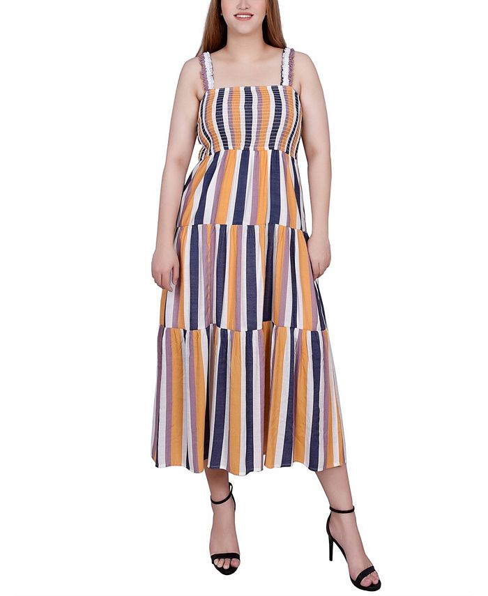 NY Collection Petite Smocked-Bodice Tiered Midi Dress - Macy's