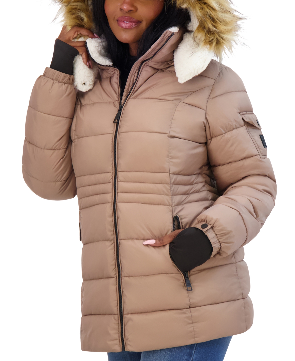 Steve Madden Juniors' Faux-Fur-Trim Hooded Puffer Coat, Created for Macy's