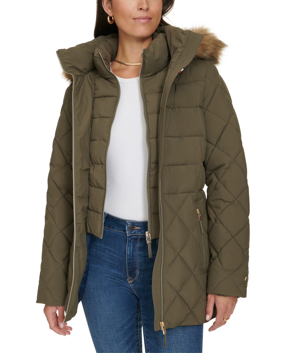 Tommy Hilfiger Women's Bibbed Faux-Fur-Trim Hooded Puffer Coat, Created for Macy's