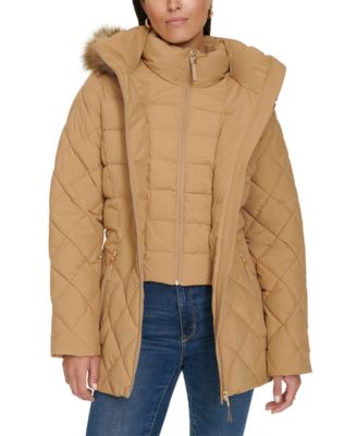 Tommy Hilfiger Women s Bibbed Faux Fur Trim Hooded Puffer Coat Created for Macy s Macy s