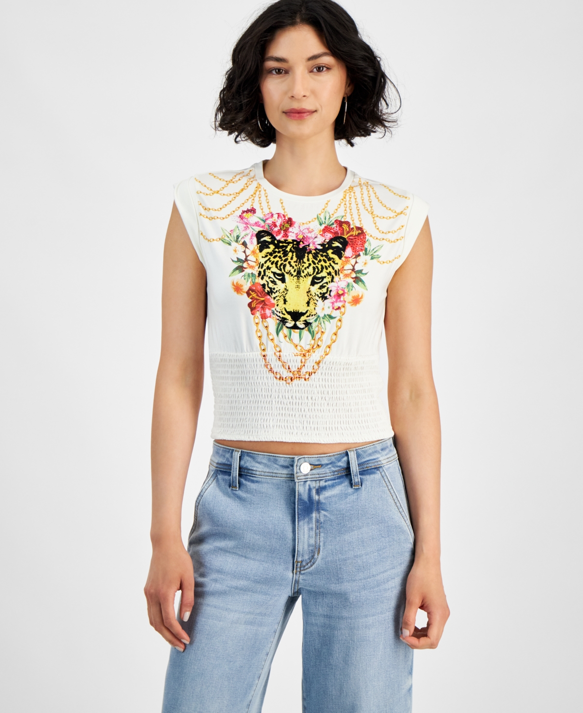 Women's Leopard-Chain Smocked T-Shirt - CREAM WHITE