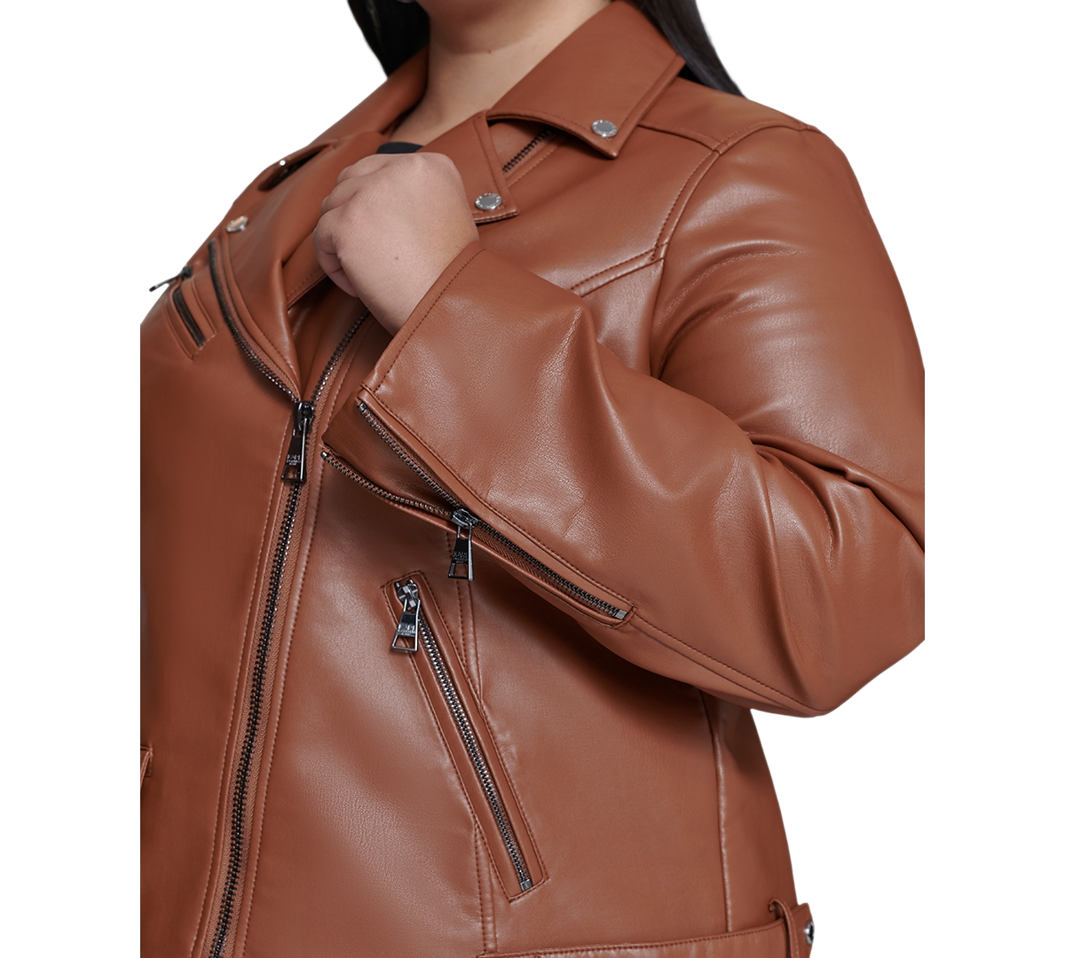 Karl Lagerfeld Paris Plus Size Faux-Leather Asymmetric Moto Coat, Created for Macy's