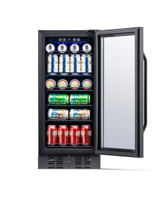15" Built-in 96 Can Beverage Fridge in Black Stainless Steel with Precision Temperature Controls and Adjustable Shelves