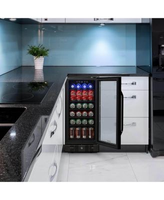 15" Built-in 96 Can Beverage Fridge in Black Stainless Steel with Precision Temperature Controls and Adjustable Shelves
