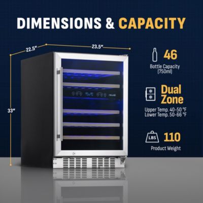 24 inch 46 Bottle Wine Cooler Refrigerator, Built-in Recessed Kickplate, Dual Zone Wine Fridge in Stainless Steel