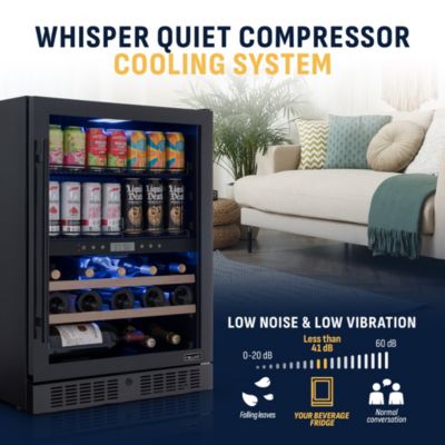 24" Dual Zone Fridge – Holds 24 Wine Bottles & 100 Cans, Quiet Cooling, Charcoal Filter, Door Alarm, Black Stainless Steel.