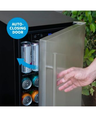 15" Built-in 90 Can Outdoor Beverage Fridge in Weatherproof Stainless Steel with Auto-Closing Door and Easy Glide Casters