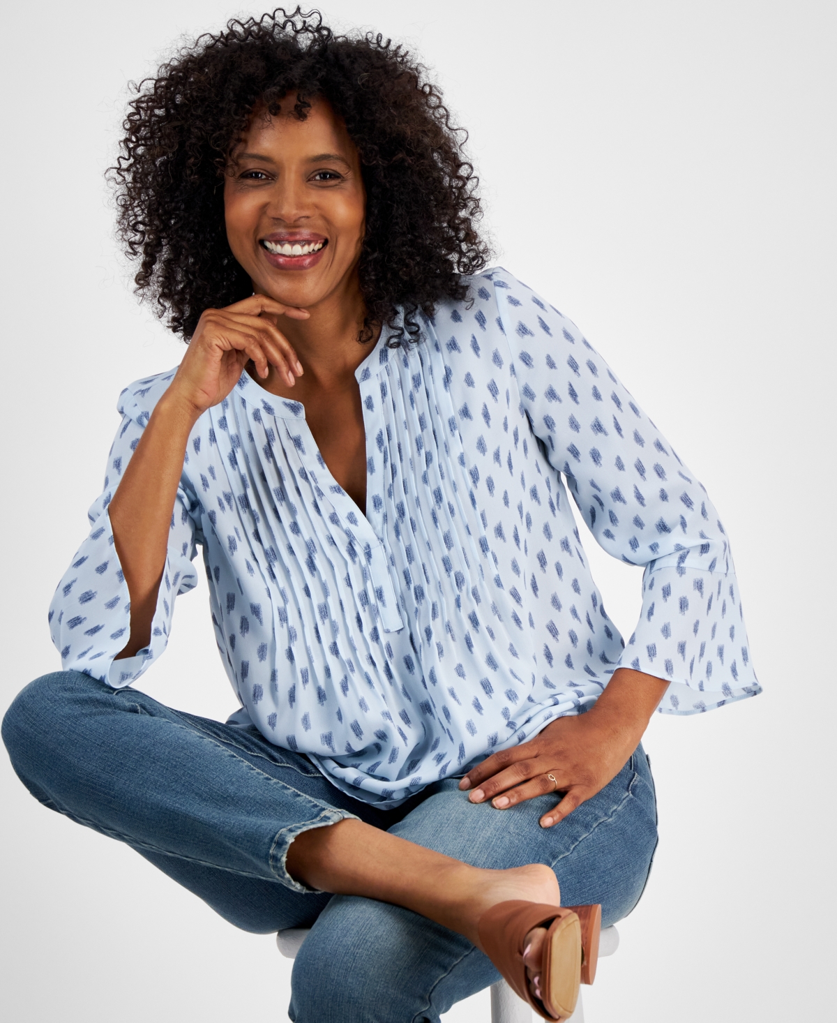 Style & Co Women's Printed Pintuck Ruffle Sleeve Top, Regular & Petite, Created for Macy's