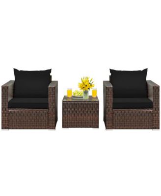 3 Pcs Patio Conversation Rattan Furniture Set with Cushion