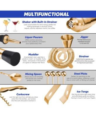 Premium 14 Piece Stainless Steel Bartender Kit with Bamboo Stand (Gold)