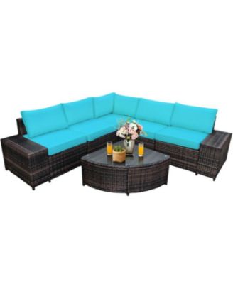6 Piece Wicker Patio Sectional Sofa Set with Tempered Glass Coffee Table