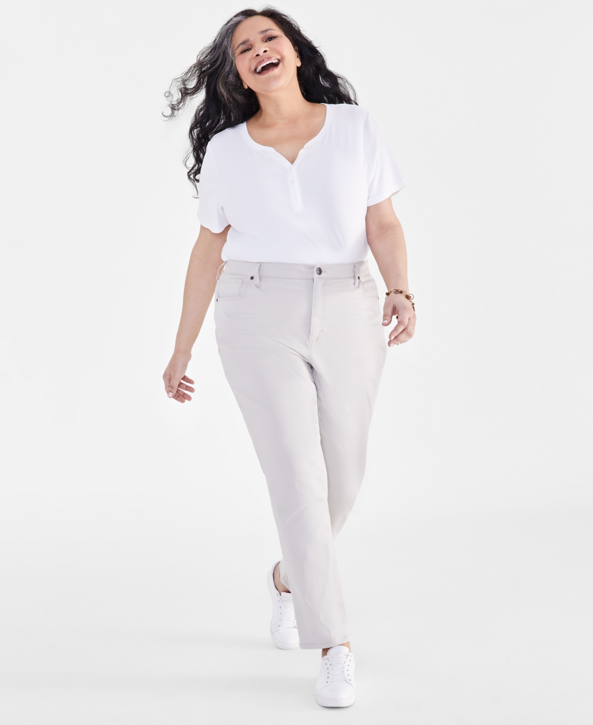 Plus Size High Rise Natural Straight-Leg Pants, Created for Macy's - Stonewall