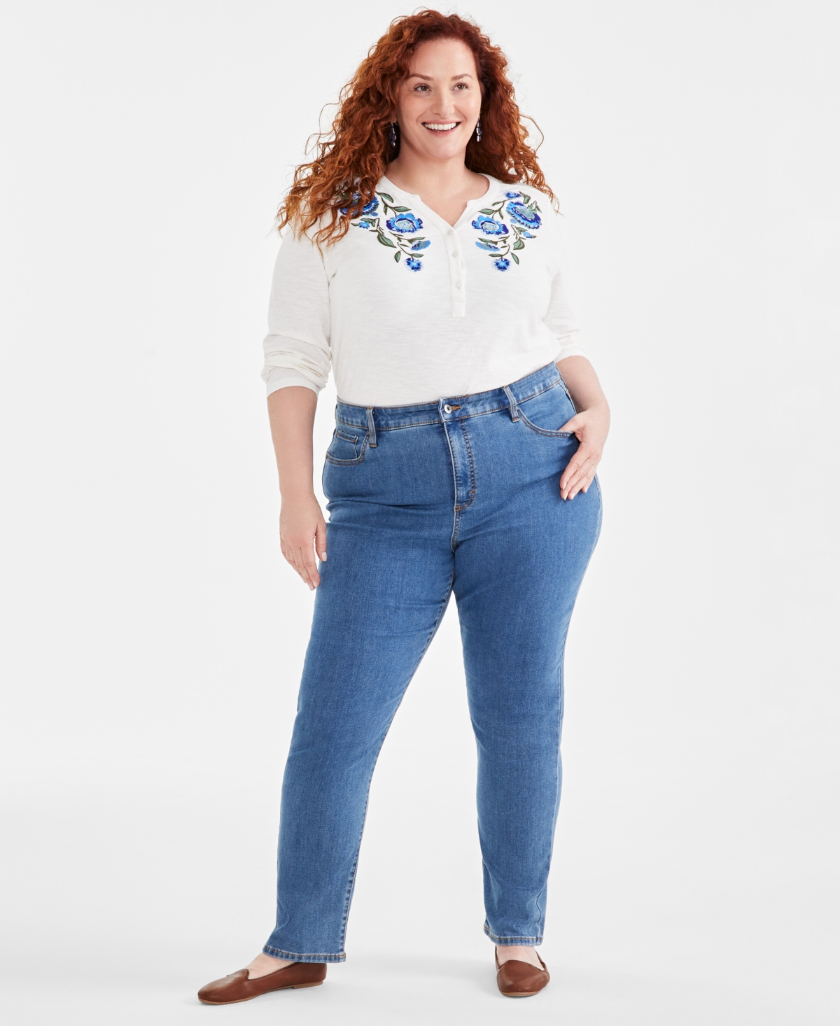 Style & Co Style Co Plus Size Printed Top High Rise Straight Leg Jeans Exclusively At Macys In Render Wash