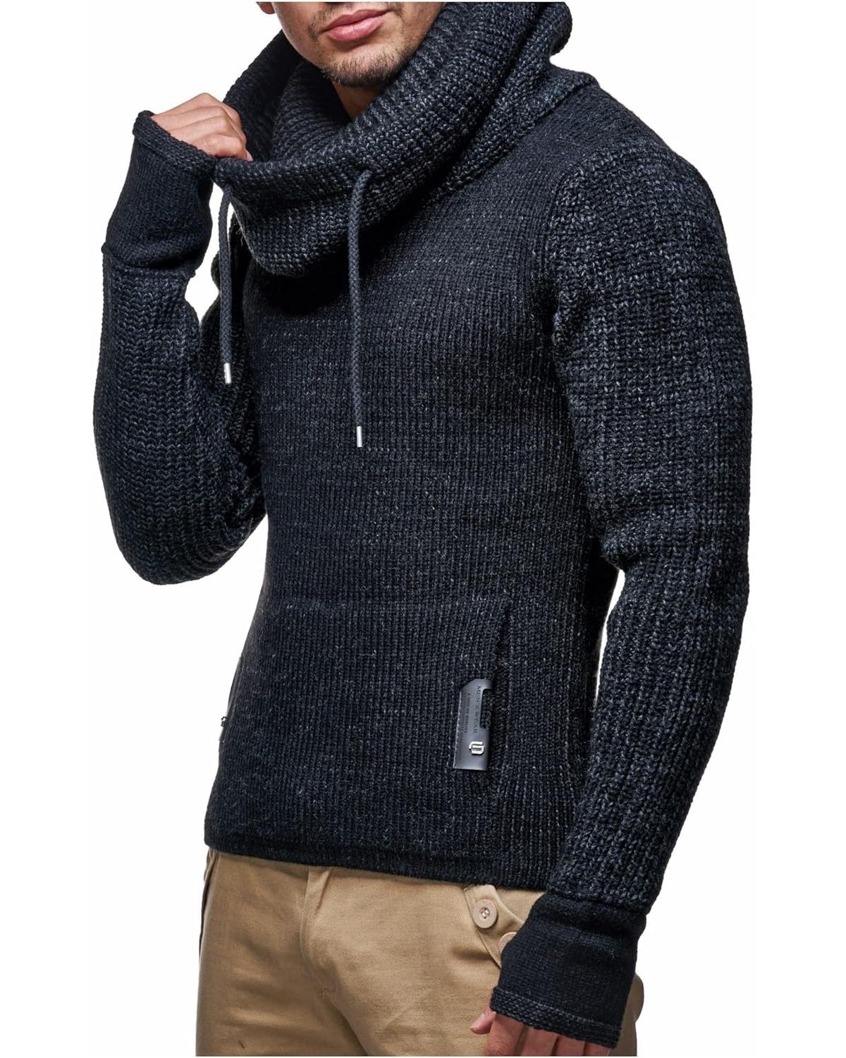 Leif Nelson Men's Cowl Neck Knitted Pullover with Thumbhole Cuffs