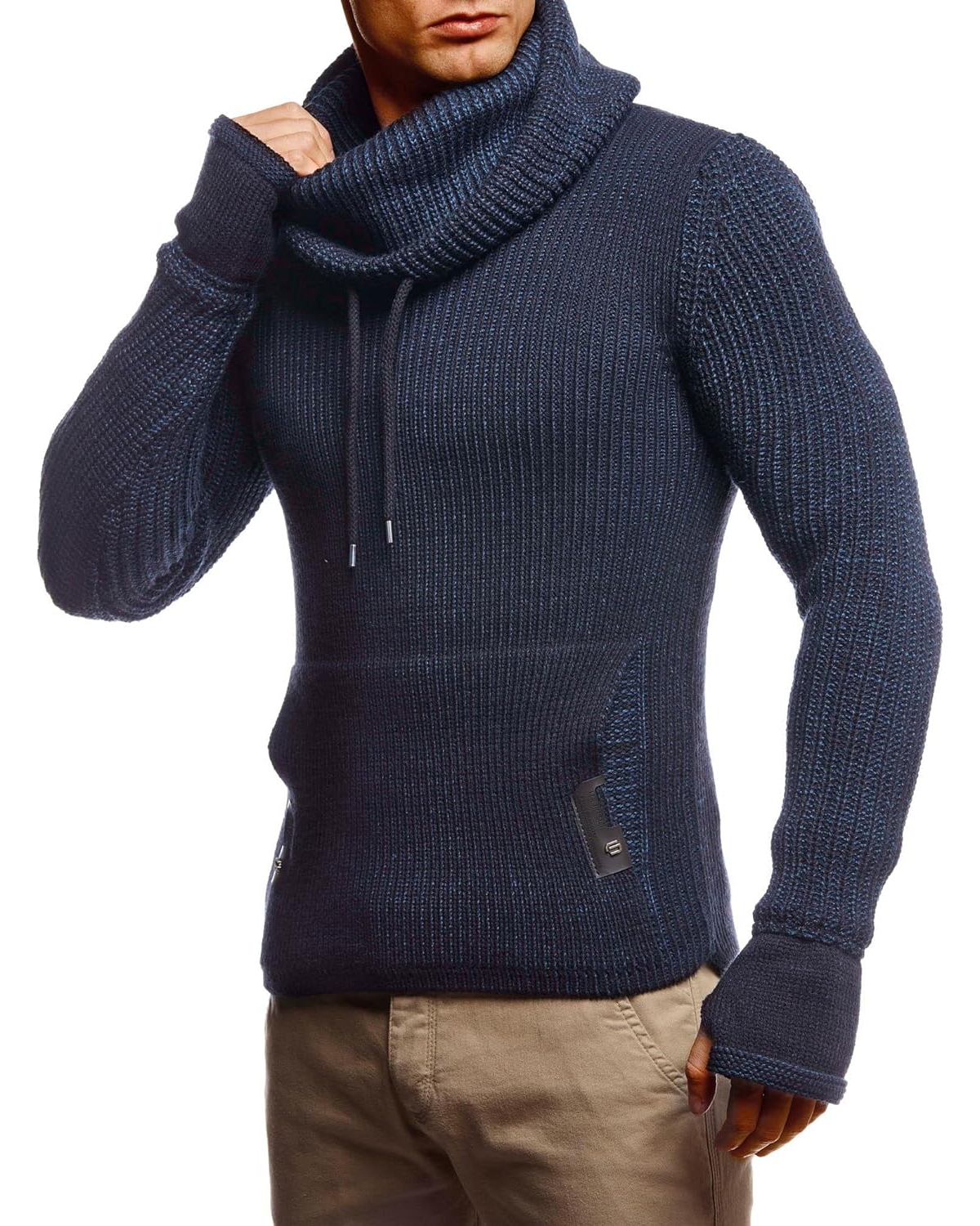 Men's Cowl Neck Knitted Pullover with Thumbhole Cuffs - Brown/black