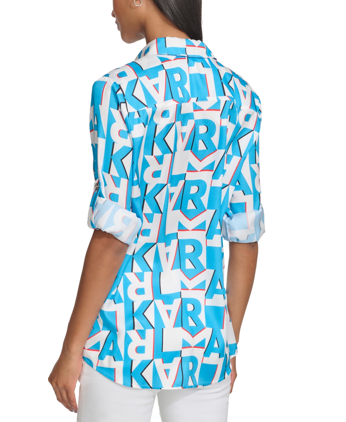 Karl Lagerfeld Paris Women's Whimsical-Print Roll-Sleeve Top - Soft White  Blue