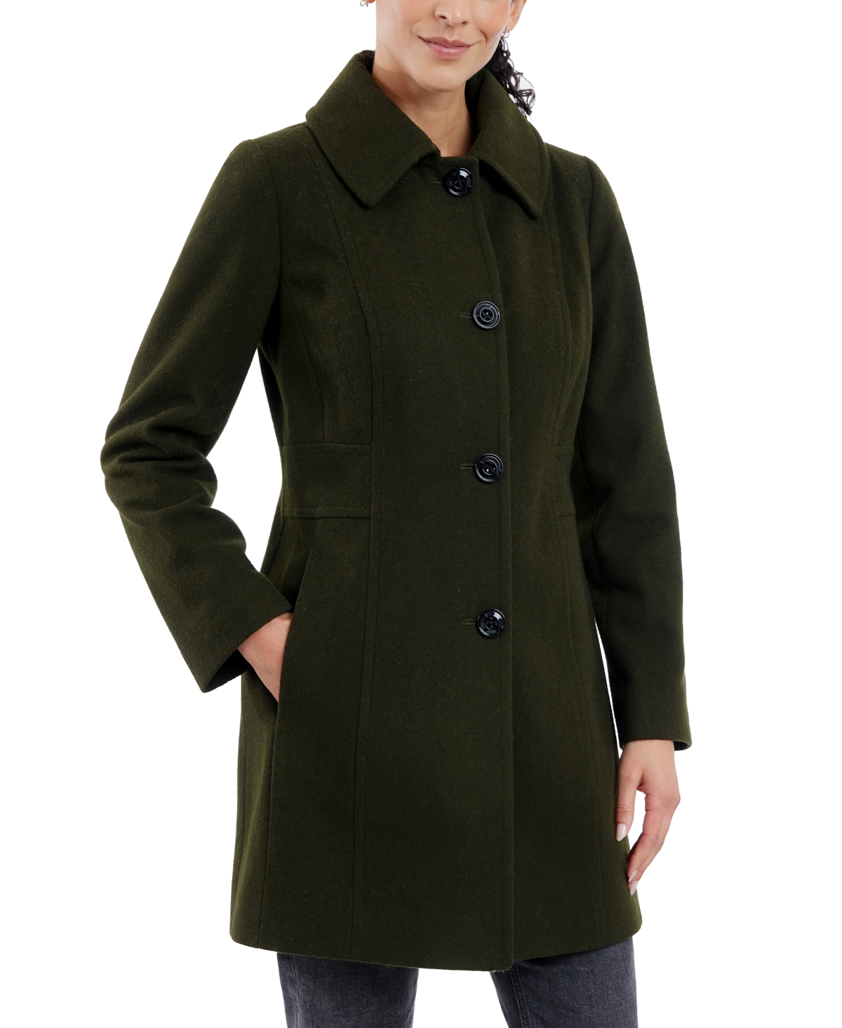 Women's Single-Breasted Peacoat & Scarf - Olive