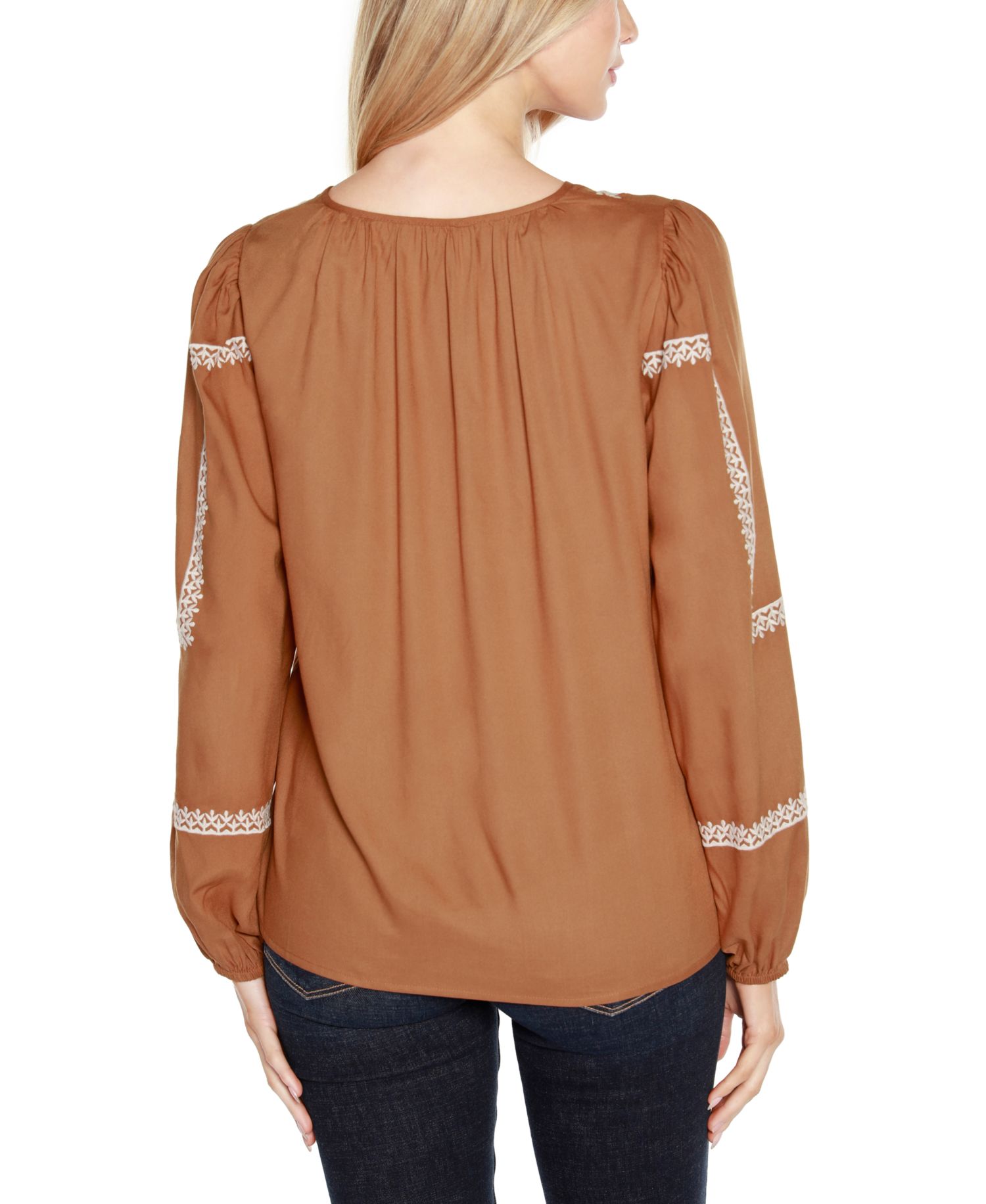 Black Label Embroidered Blouson Tie Neck Top