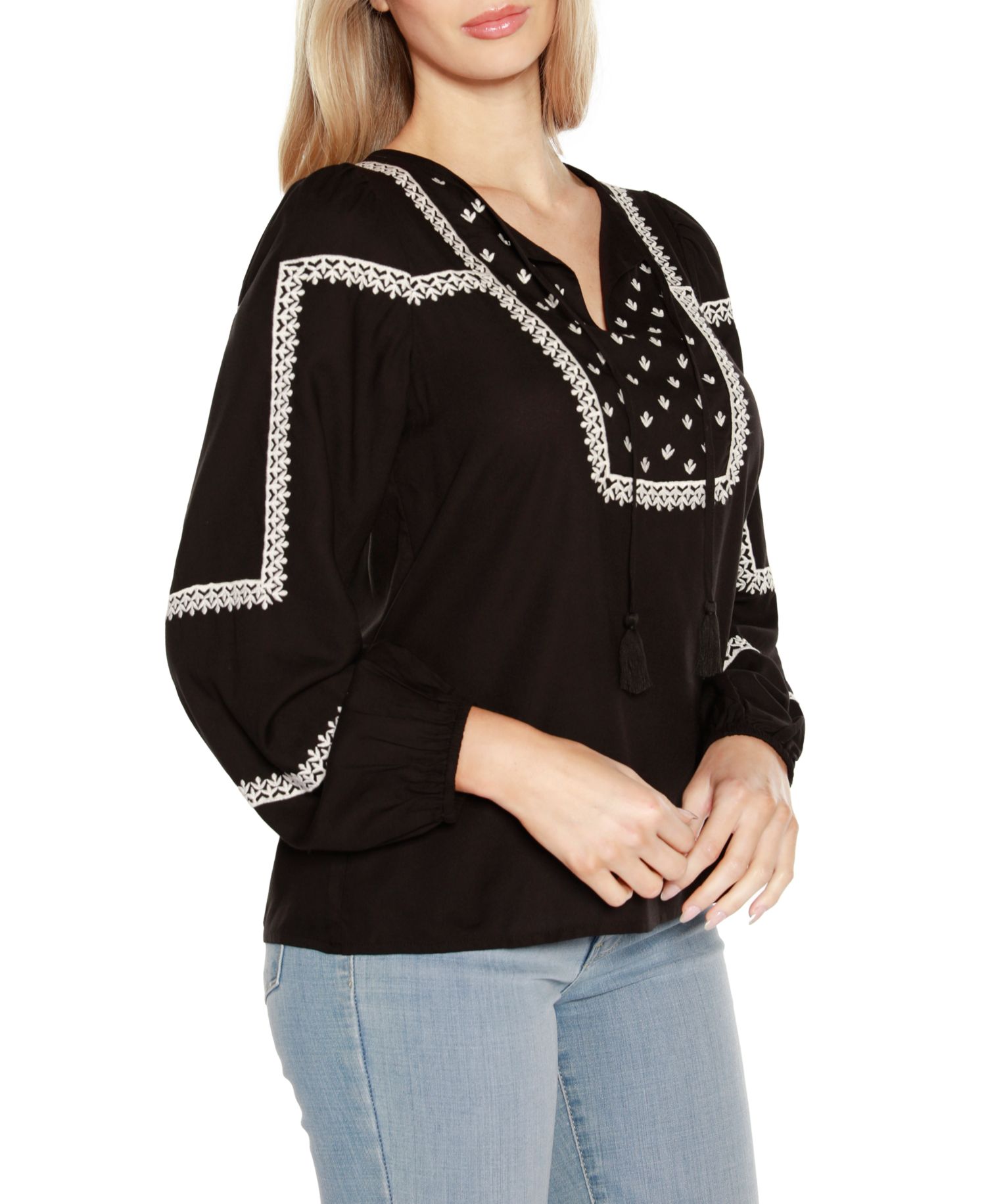 Black Label Embroidered Blouson Tie Neck Top