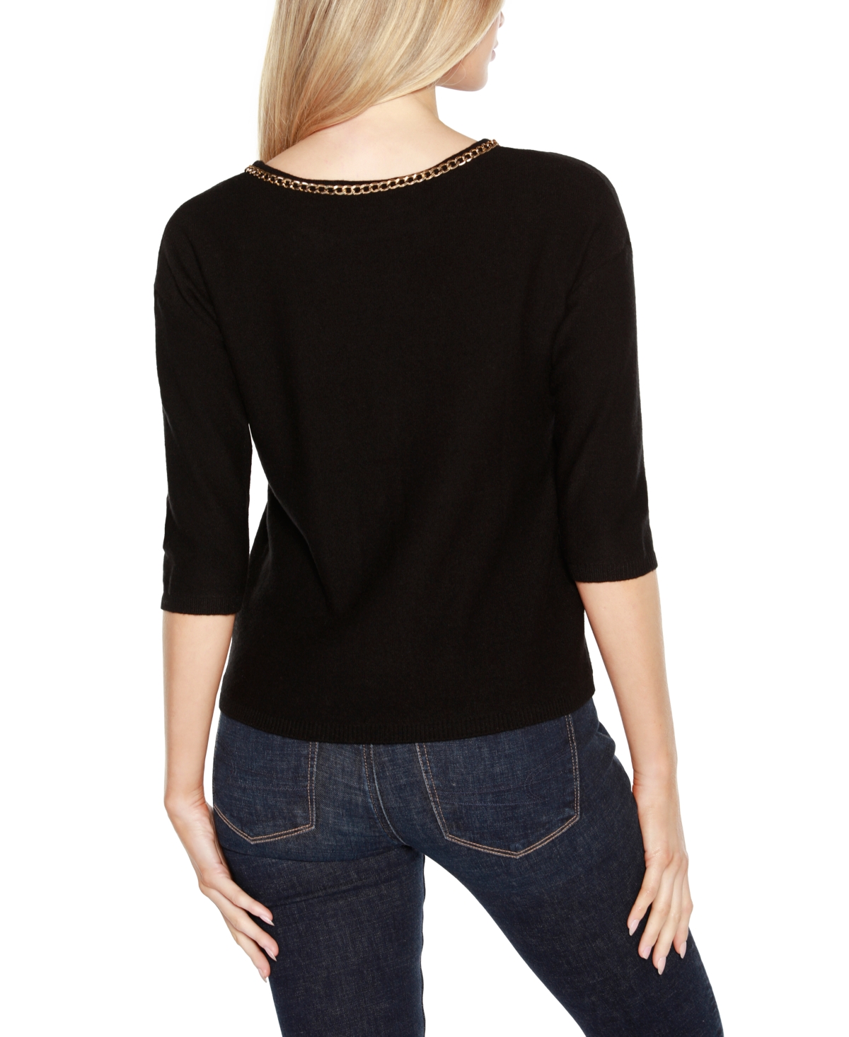 Shop Belldini Black Label Chain Detail 3/4-sleeve Sweater In Blk,gold
