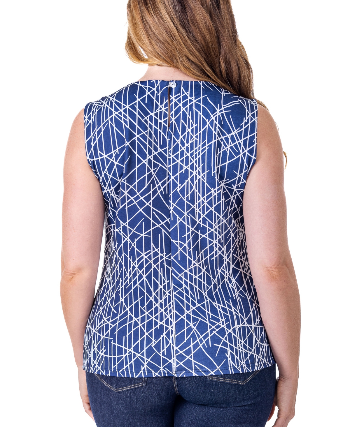 24seven Comfort Apparel Petites Navy Print Pleated Crew Neckline Back Closure Sleeveless Top In Miscellane