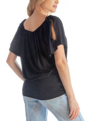 Solid Color Short Sleeve Split Shoulder Top