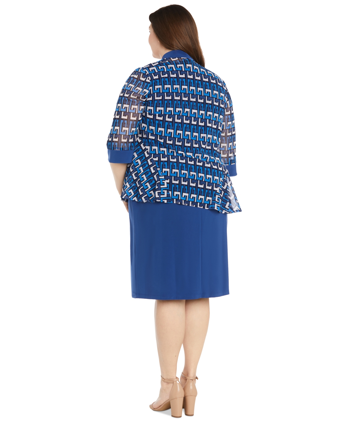 Shop R & M Richards Plus Size 2-pc. Printed Jacket & Necklace Dress Set In Cobalt,whi