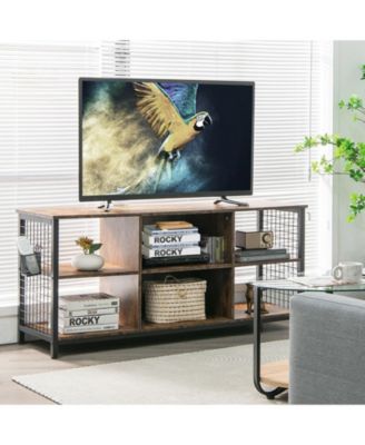 Mid-Century Wooden TV Stand with Storage Basket for TVs up to 65 Inch - Rustic Brown