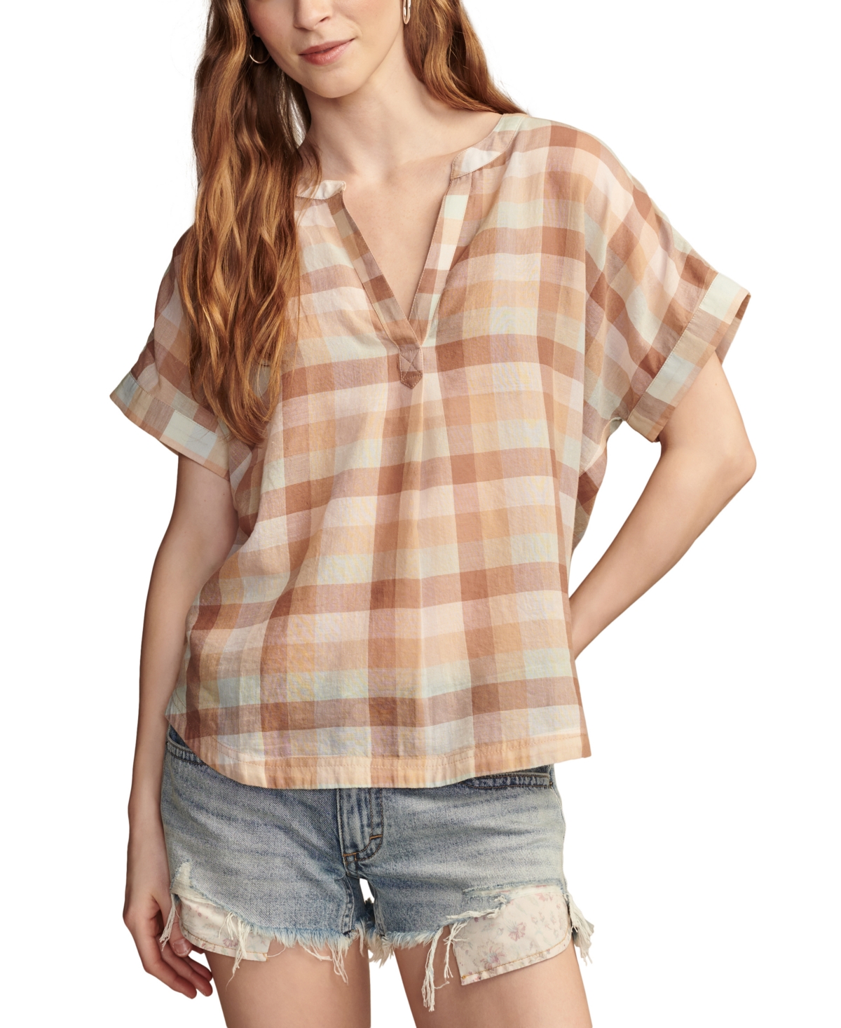 Shop Lucky Brand Women's Cotton Striped Dolman Popover Shirt In Brown Pink Plaid