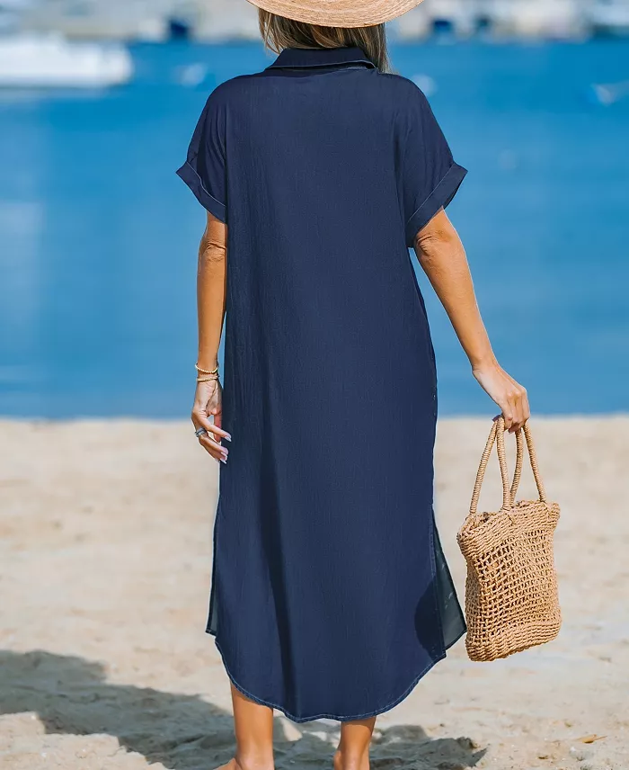 Women's Denim Short Sleeve Button Down Cover Up Dress - thumbnail 10
