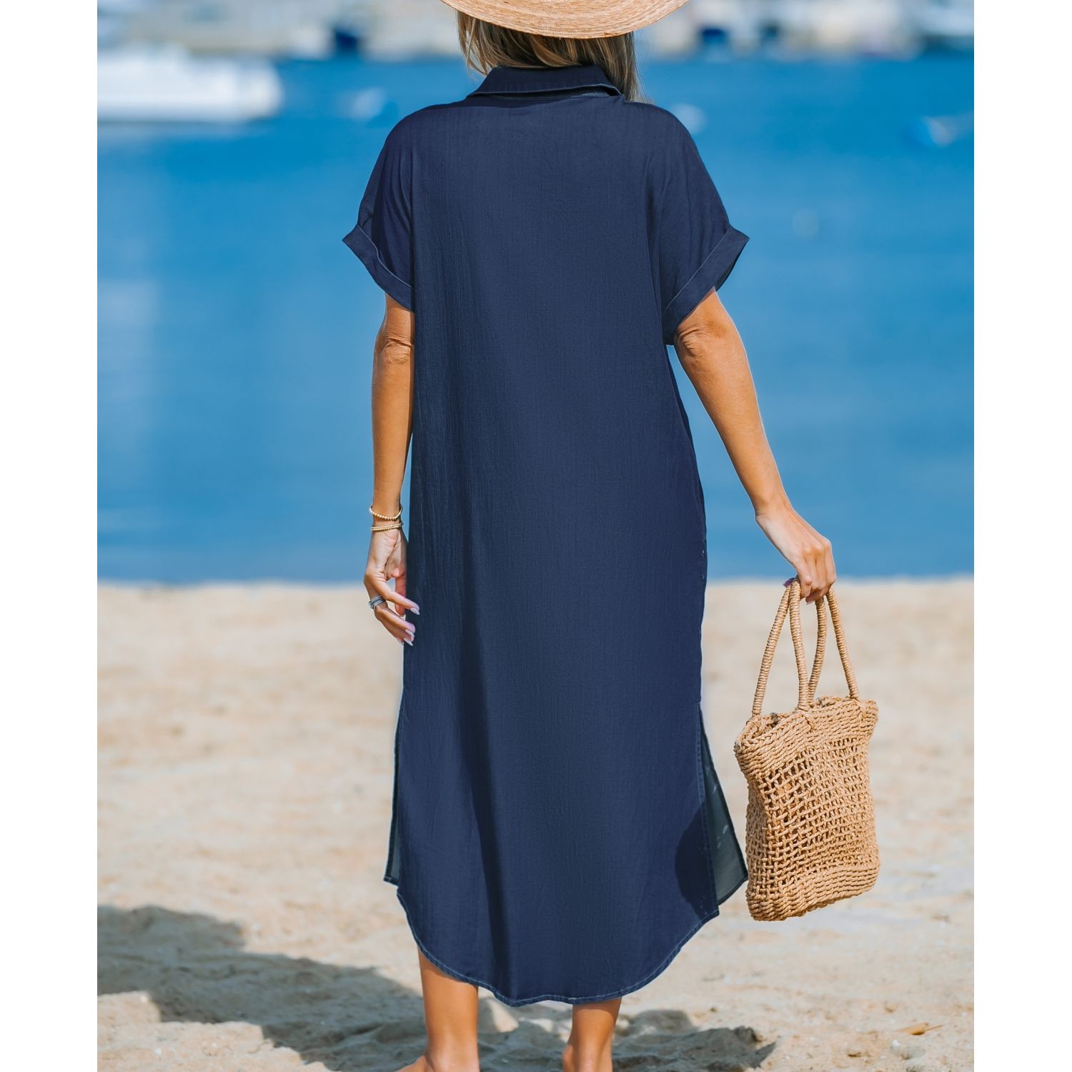 Women's Denim Short Sleeve Button Down Cover Up Dress