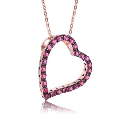Sterling Silver with Round Cubic Zirconia Thick Open Heart Frame Necklace