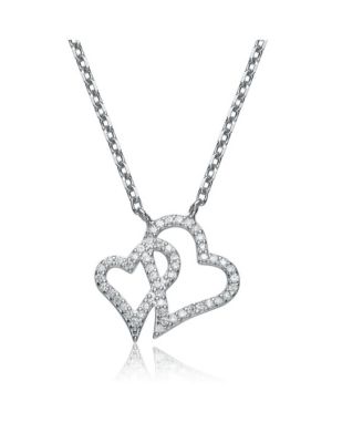 Brilliant Sterling Silver Double Heart CZ Paved Pendant Necklace