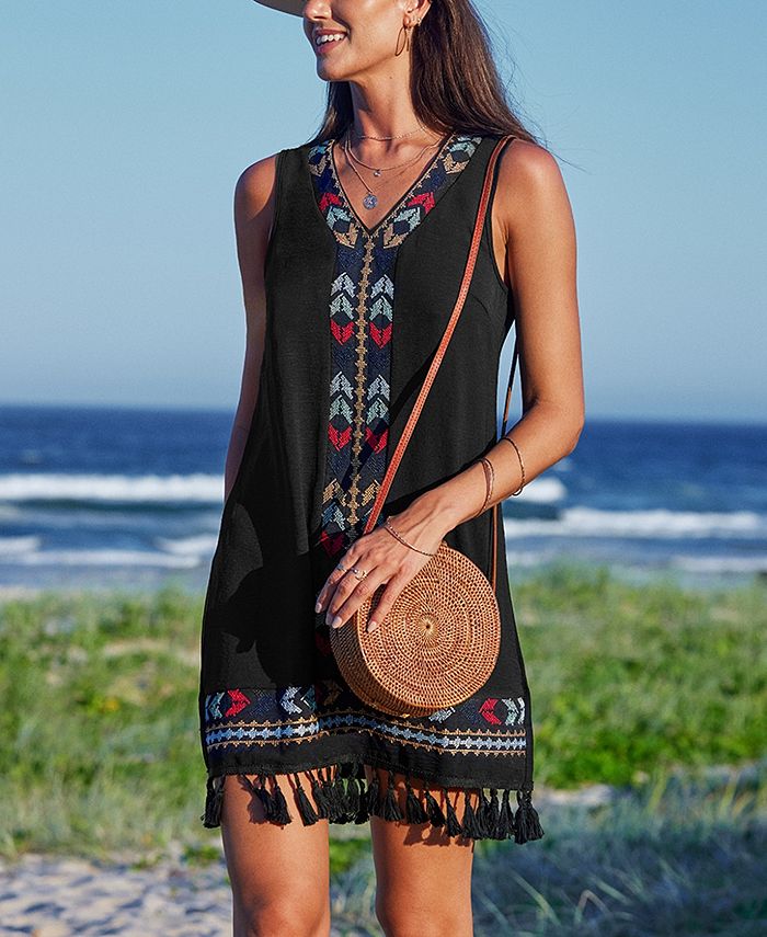 CUPSHE Women's Retro Boho Embroidered Tassel Mini Cover Up Dress - Macy's