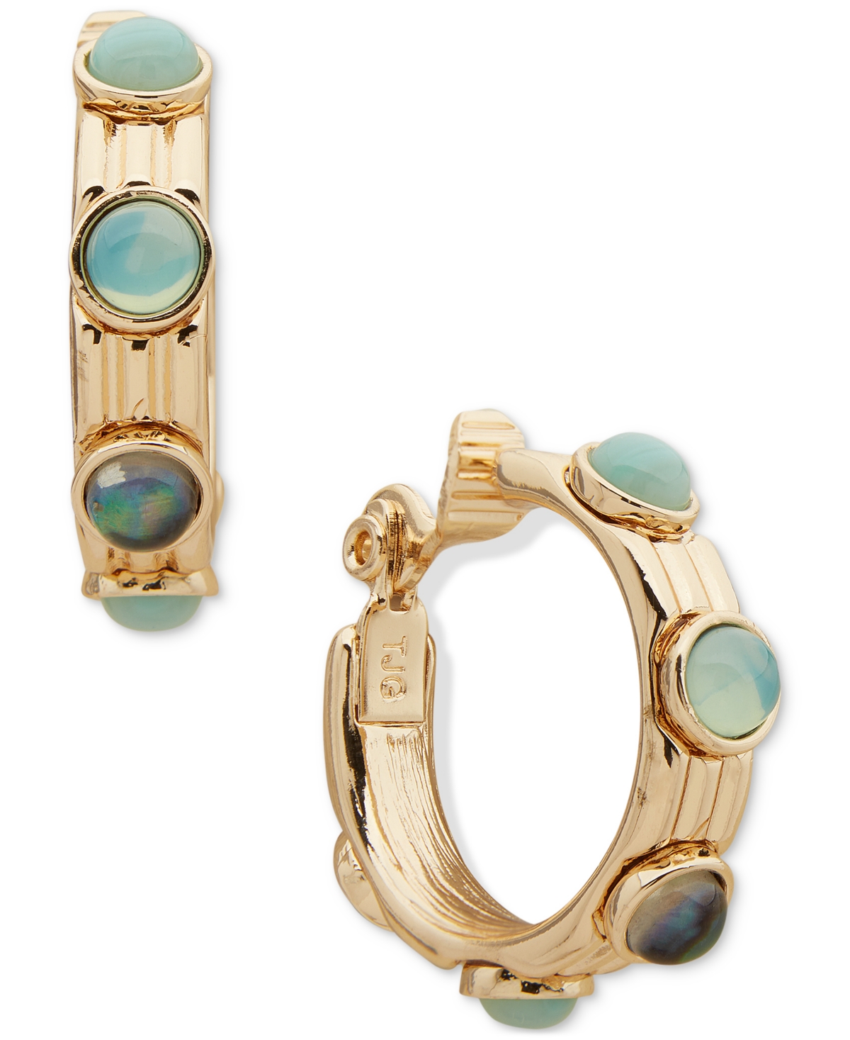 Shop Anne Klein Gold-tone Small Stone Studded Clip-on Hoop Earrings, 0.76" In Blue