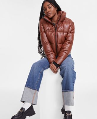 S13 Women's Cropped Zip-Front Faux-Leather Puffer Coat - Macy's