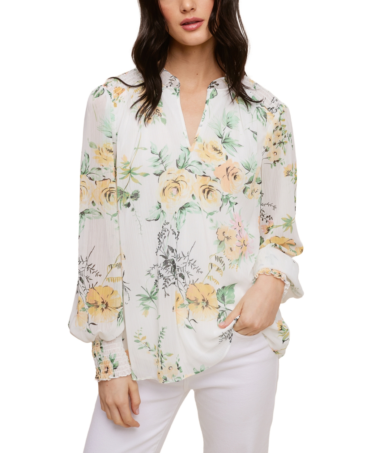 Printed Yoryu Blouse With Smocked Cuff - IVORY