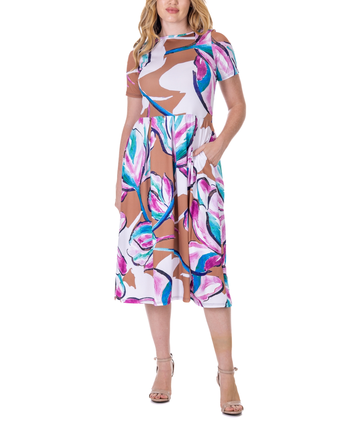 Shop 24seven Comfort Apparel Print Short Sleeve Pleated Flare Midi Pocket Dress In Miscellane