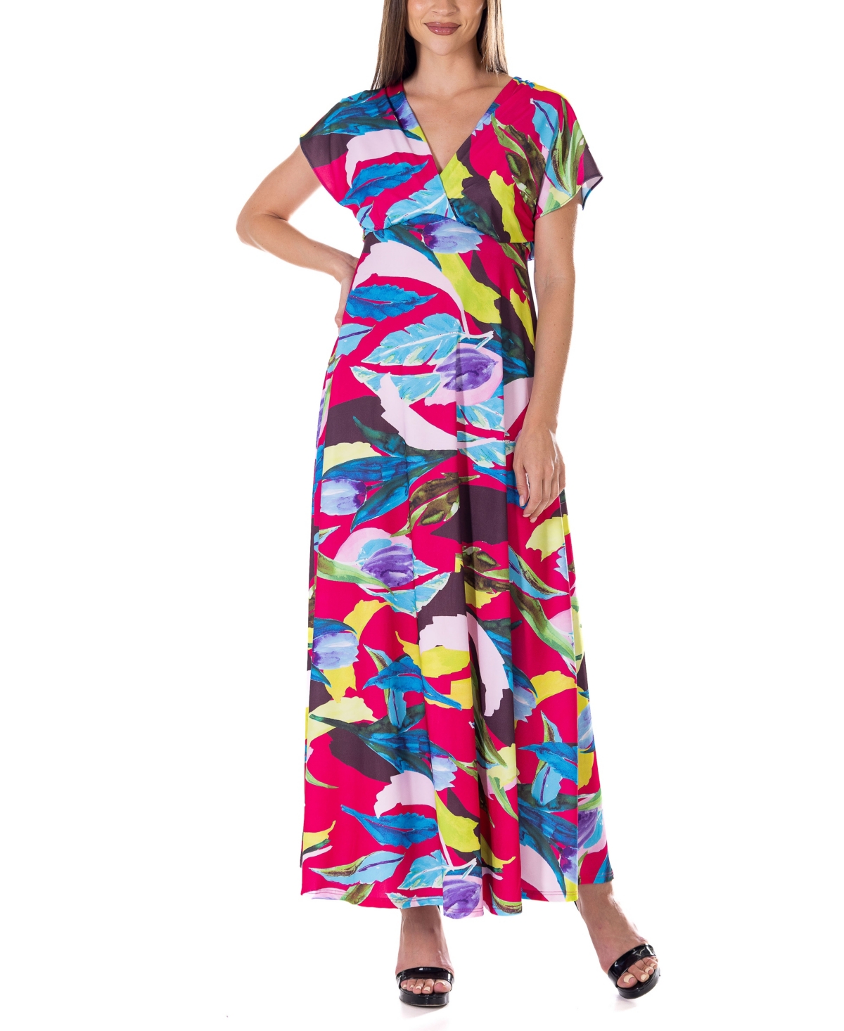 24seven Comfort Apparel Print V Neck Empire Waist Kimono Cap Sleeve Maxi Dress In Multi