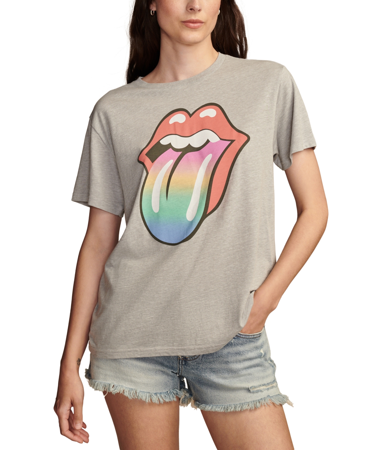 Women's Rolling Stones Rainbow Tongue Boyfriend Tee - Light Heather Gray
